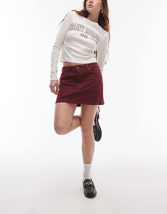Topshop denim mini pelmet skirt in burgundy