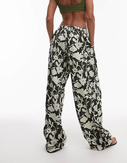Topshop Linen Balloon Trouser In Mono Floral