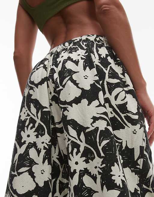 Topshop Linen Balloon Trouser In Mono Floral