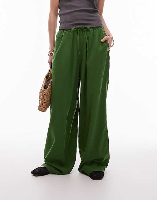 Topshop Linen Balloon Trouser In Olive Green