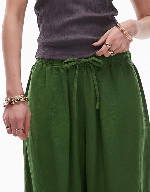 Topshop Linen Balloon Trouser In Olive Green