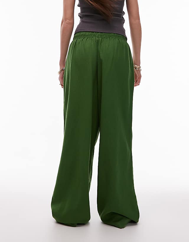 Topshop Linen Balloon Trouser In Olive Green