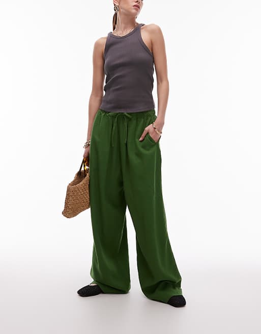 Topshop Linen Balloon Trouser In Olive Green