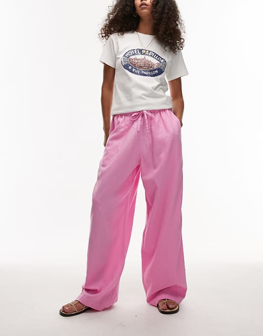 Topshop Linen Balloon Trouser In Pink