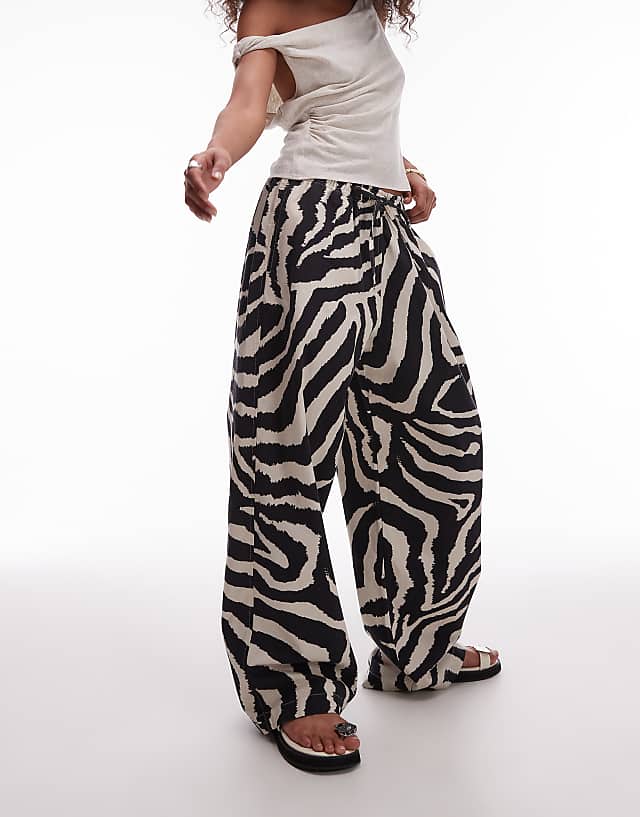 Topshop Linen Balloon Trouser In Zebra Print