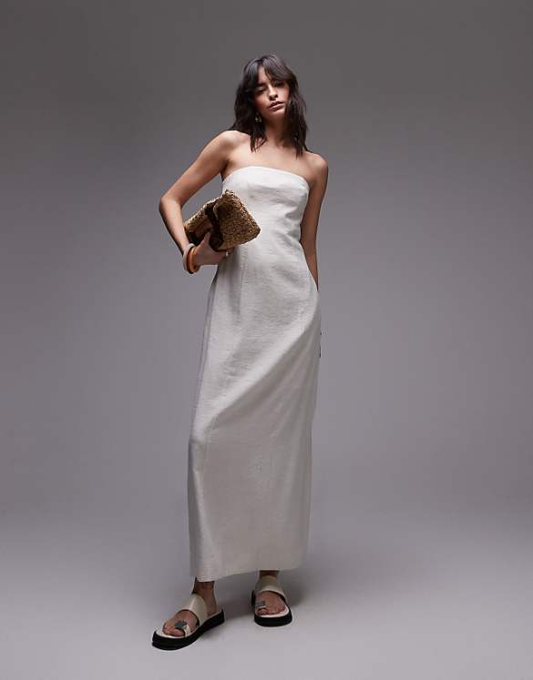 Topshop linen Bandeau midi in natural