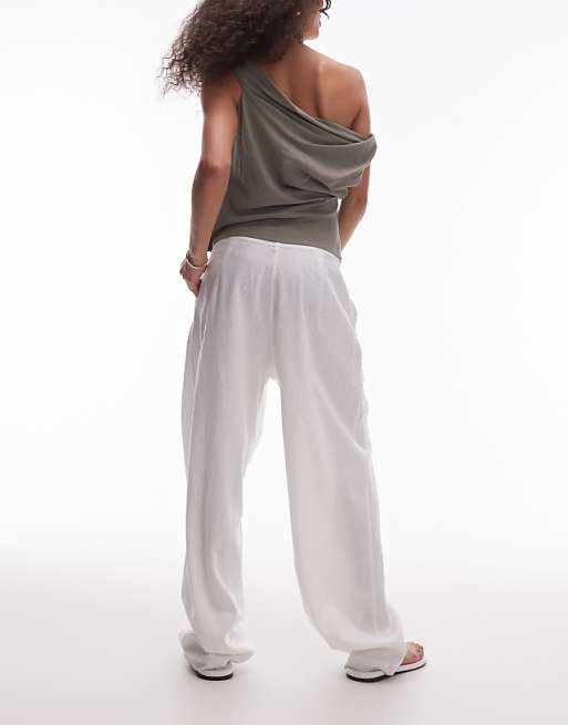 Topshop Linen Barrel Leg Trouser In White