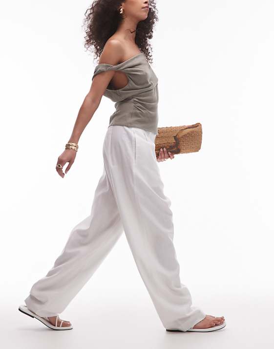 Topshop linen barrel leg trouser in white