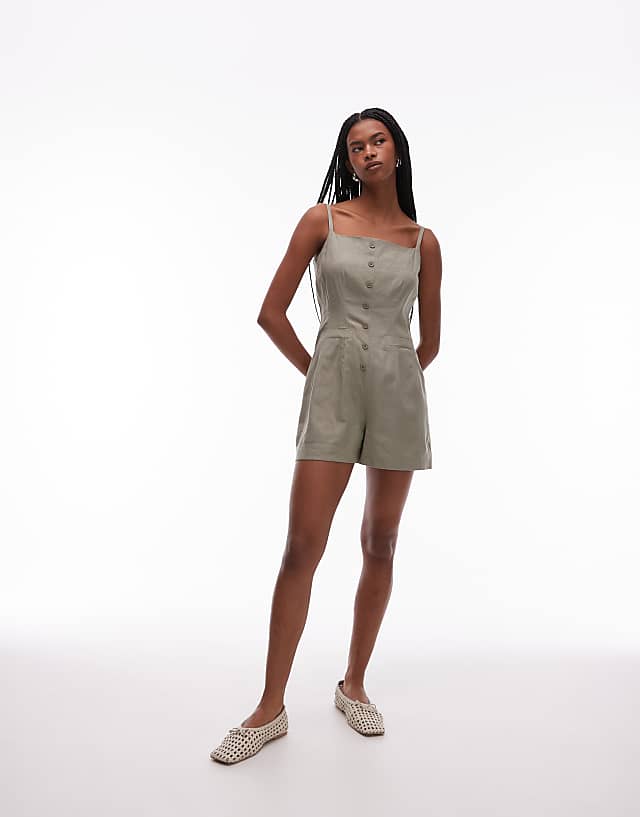 Topshop Linen Button Down Playsuit In Khaki