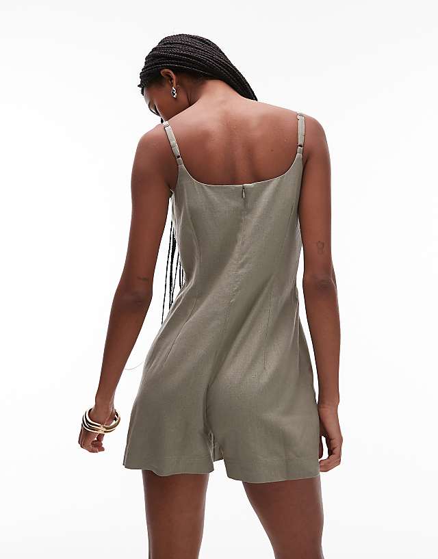 Topshop Linen Button Down Playsuit In Khaki