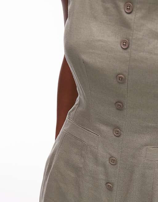 Topshop Linen Button Down Playsuit In Khaki
