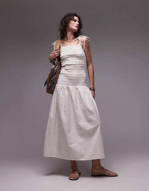 Topshop linen cami ruched midi dress in Ivory