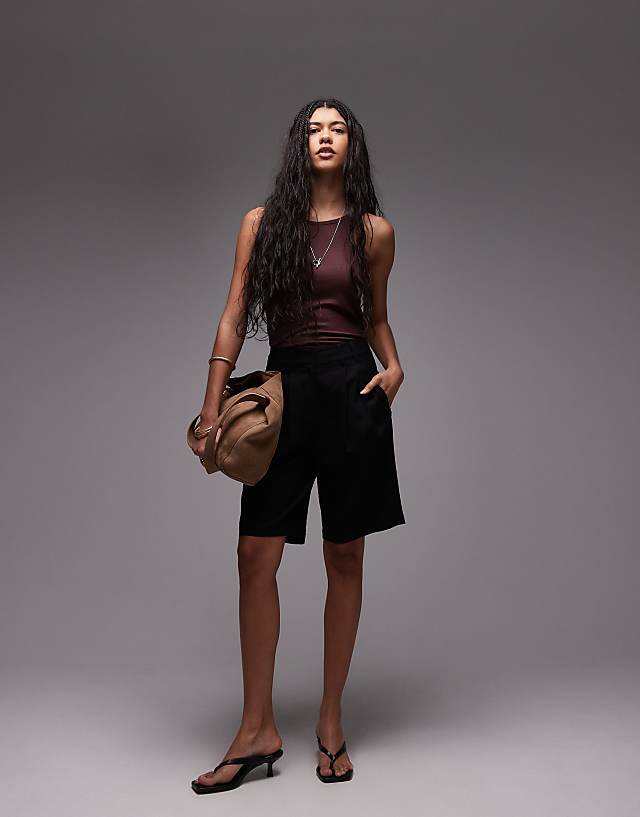 Topshop Linen Longline Short In Black