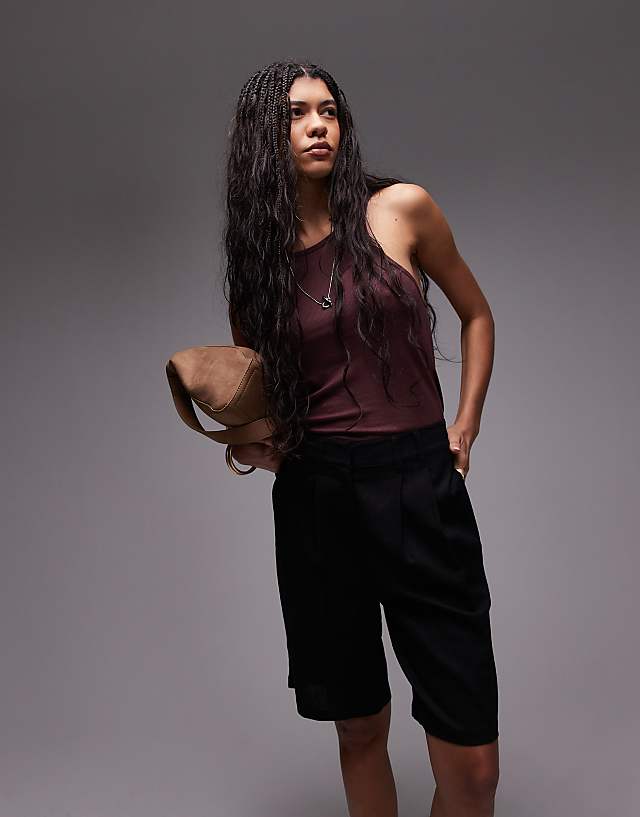 Topshop linen longline short in black