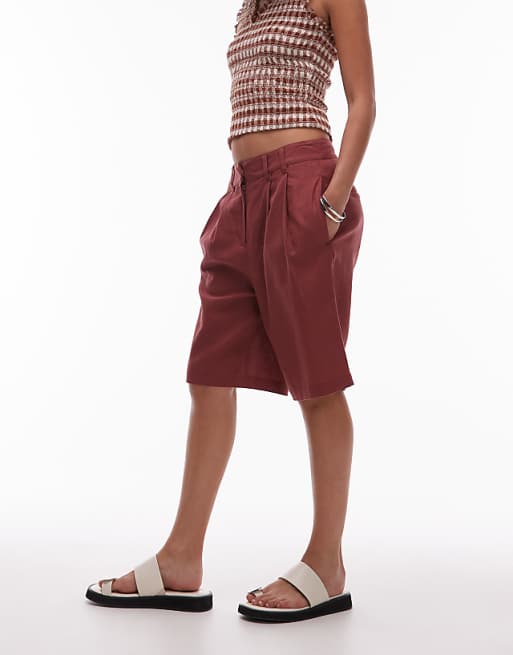 Topshop Linen Longline Short In Burgundy