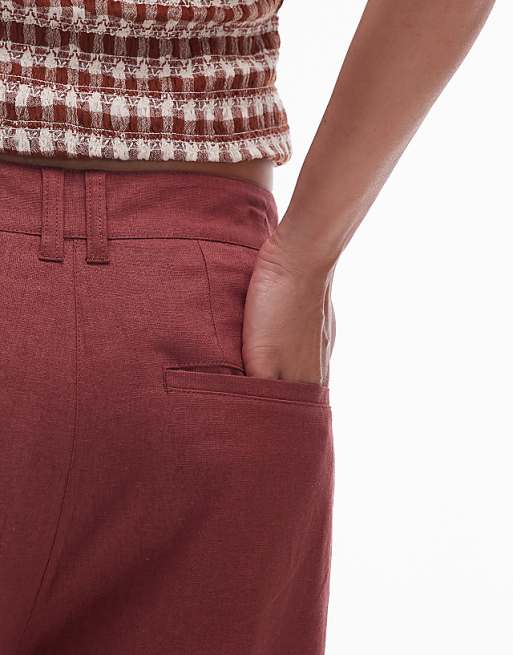 Topshop Linen Longline Short In Burgundy