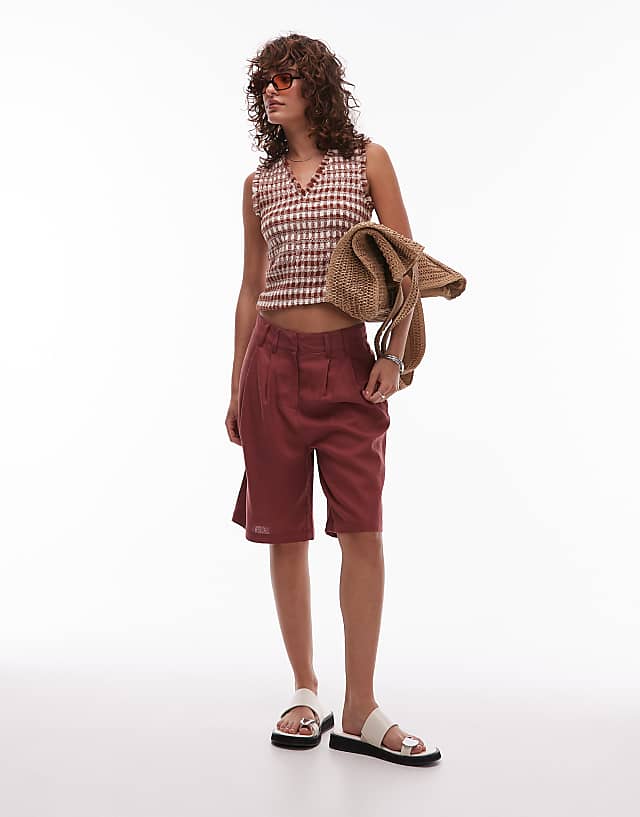 Topshop linen longline short in burgundy
