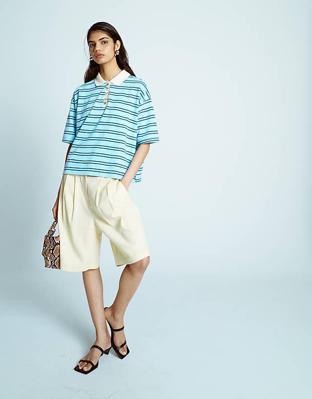 Topshop Linen Longline Short In Neutral