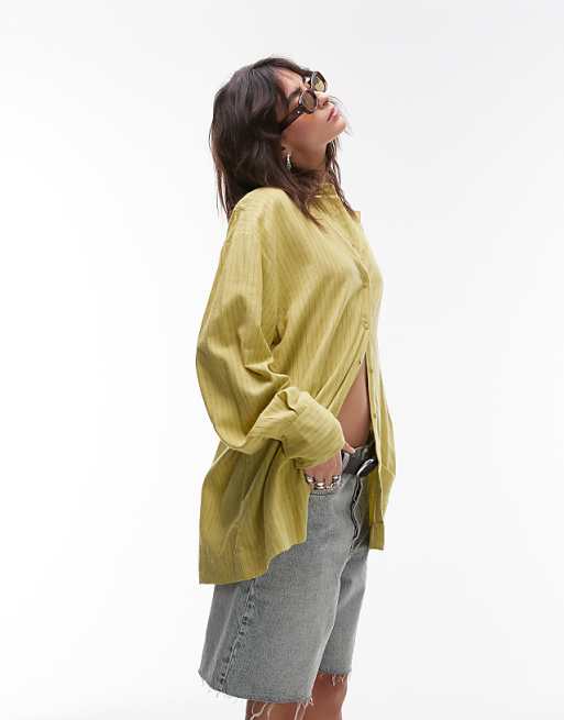 Topshop Linen Look Shirt In Green Stripe