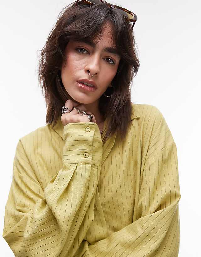 Topshop Linen Look Shirt In Green Stripe