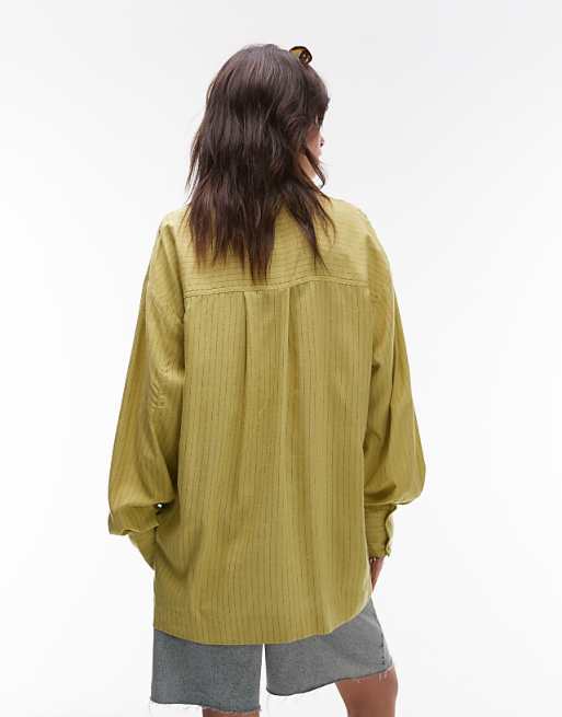 Topshop Linen Look Shirt In Green Stripe