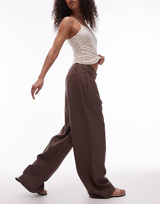 Topshop Linen Low Slung Trouser In Chocolate