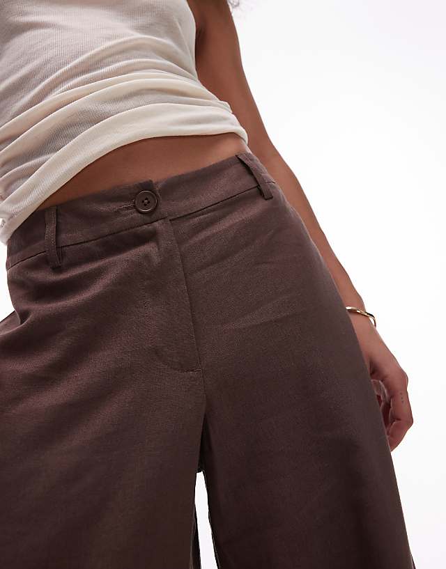 Topshop Linen Low Slung Trouser In Chocolate