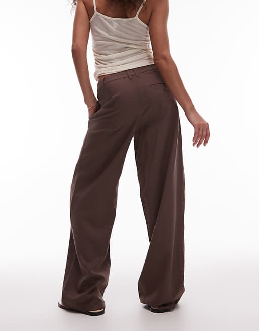Topshop Linen Low Slung Trouser In Chocolate