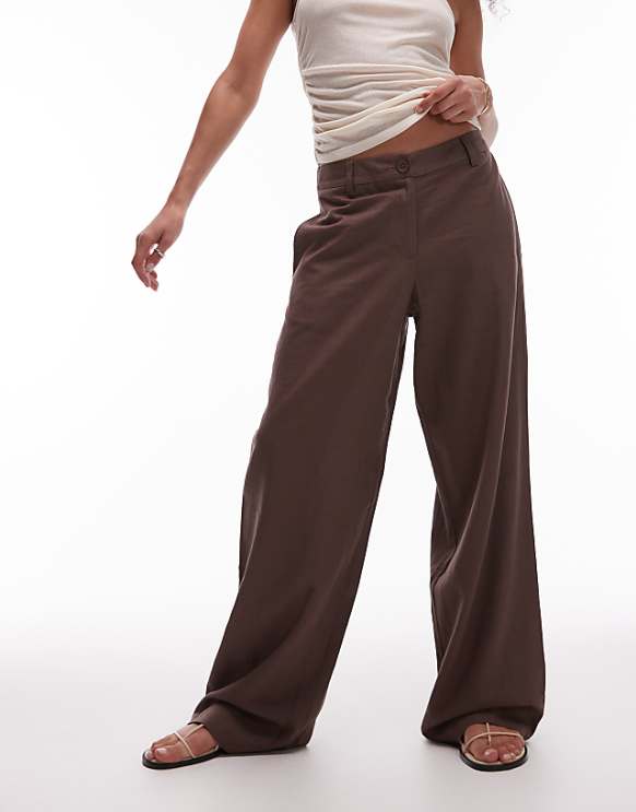 Topshop Linen Low Slung Trouser In Chocolate