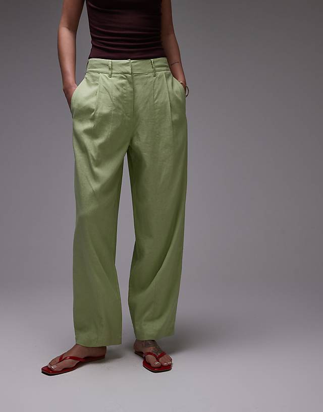Topshop Linen Ovoid Trouser In Light Green