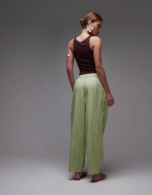 Topshop Linen Ovoid Trouser In Light Green