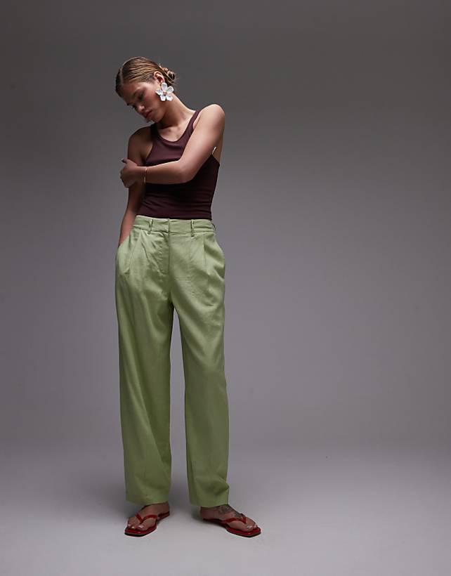 Topshop linen ovoid trouser in light green