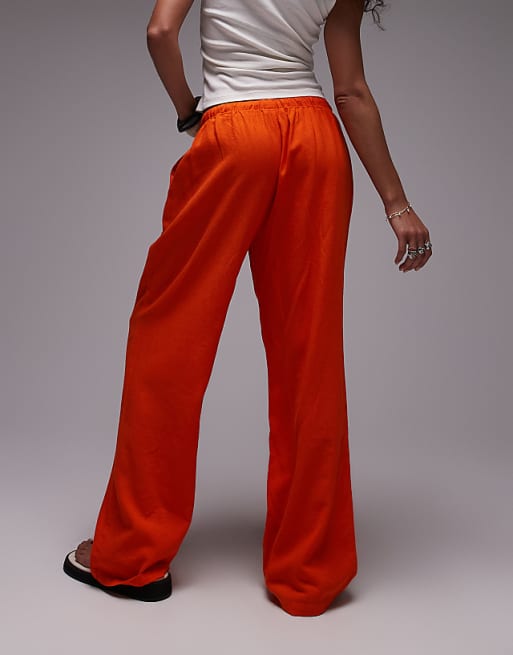 Topshop Linen Straight Leg Trouser In Orange