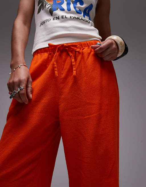 Topshop Linen Straight Leg Trouser In Orange