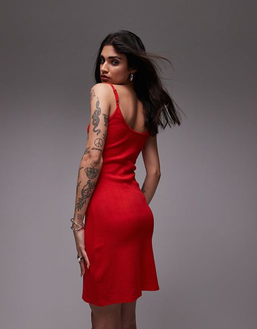 Topshop Pointelle Tie Front Mini Dress In Red