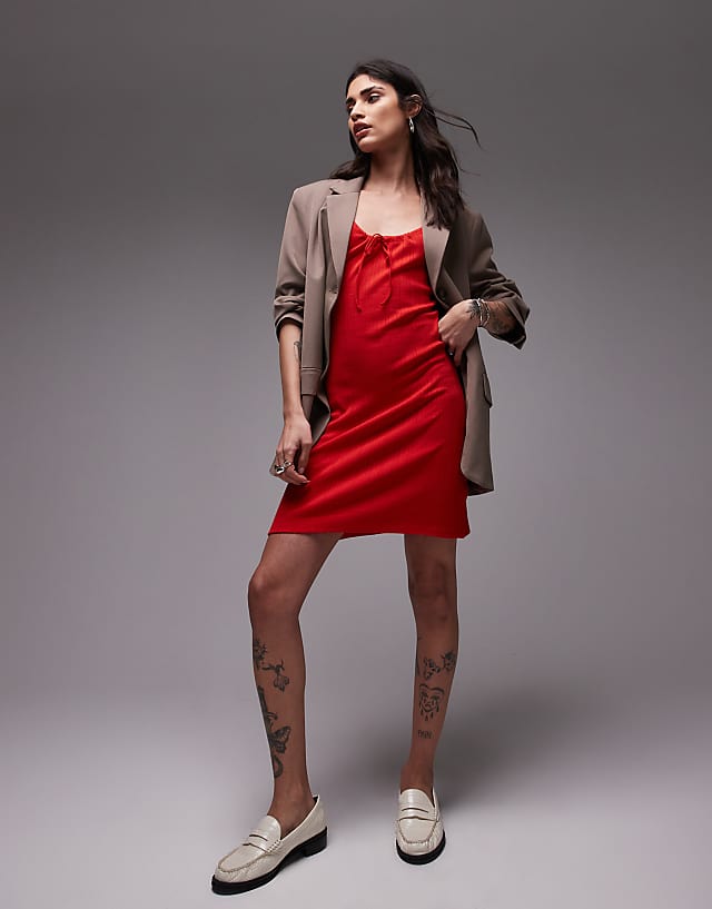 Topshop Pointelle Tie Front Mini Dress In Red