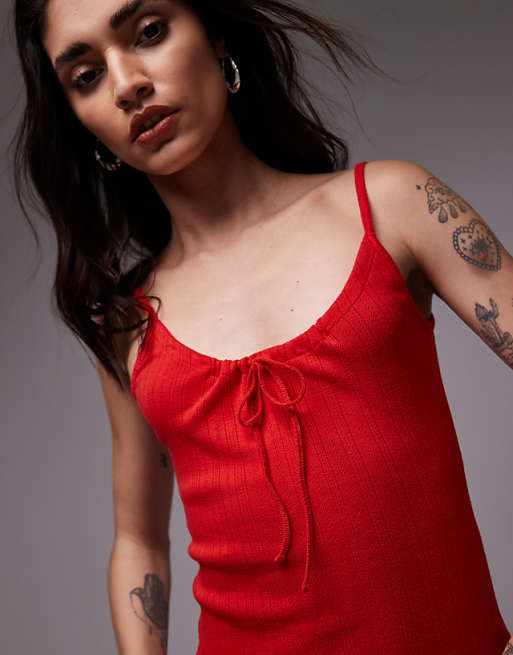 Topshop Pointelle Tie Front Mini Dress In Red