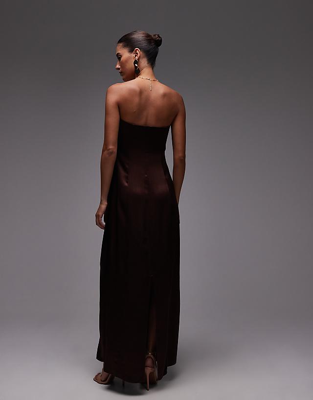 Topshop Satin Bandeau Midi Dress In Chocolate