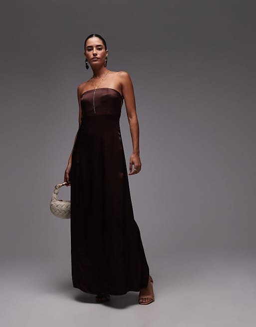 Topshop satin bandeau midi dress in chocolate