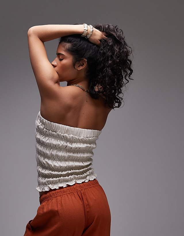 Topshop Shirred Linen Bandeau In Natural