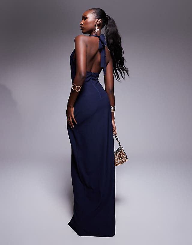 Vesper Plunge Neck Maxi Dress In Navy