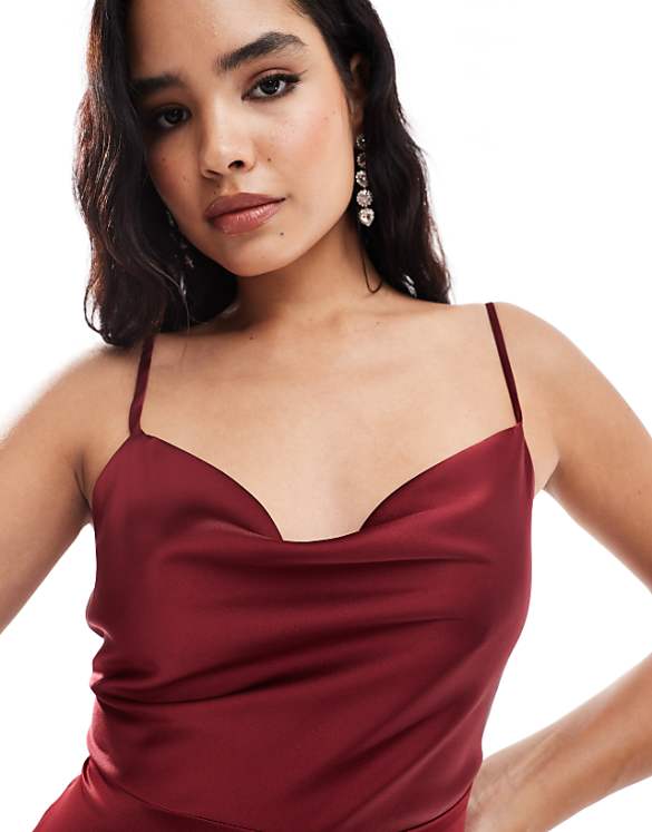 Vila Satin Cowl Neck Cami Maxi Dress In Red
