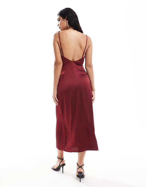 Vila Satin Cowl Neck Cami Maxi Dress In Red