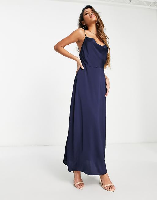 Vila Satin Cowl Neck Maxi Dress In Navy Blue