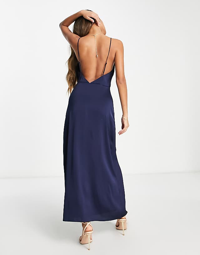 Vila Satin Cowl Neck Maxi Dress In Navy Blue
