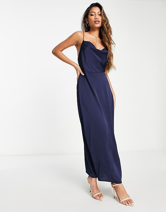 Vila Satin Cowl Neck Maxi Dress In Navy Blue