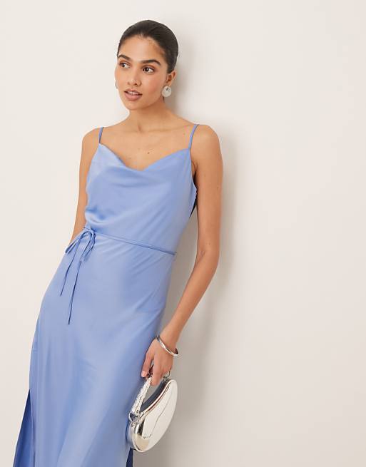 YAS Satin Cami Midi Dress In Light Blue