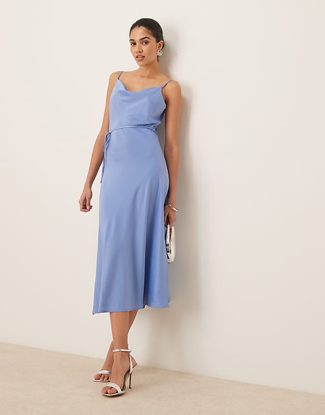 YAS Satin Cami Midi Dress In Light Blue