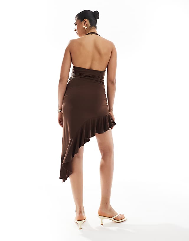 Bershka Halterneck Frill Detail Asymmetric Mini Dress In Chocolate