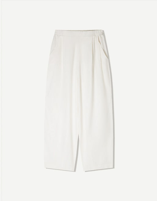 Bershka Linen Blend Balloon Fit Trousers With Darts In White